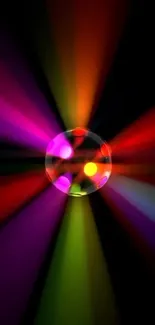 Vibrant neon burst wallpaper with colorful light beams and a central orb.