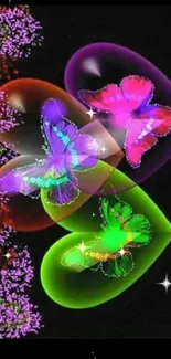 Vibrant neon butterflies on dark background.