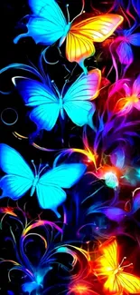 Vibrant neon butterflies with colorful glow on a black background.