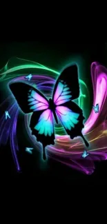 Neon butterfly with vibrant colors and glowing swirls on black background.