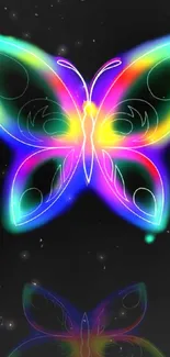 Vibrant neon butterfly glowing on a black background.