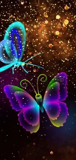 Vibrant neon butterflies on a dark background with sparkling effects.