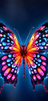 Bright neon butterfly with colorful patterns on a dark background.