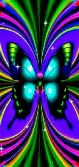 Vibrant neon butterfly art on a colorful abstract background.