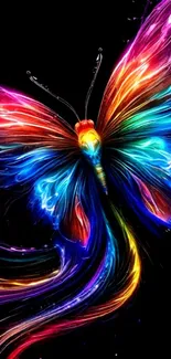 Vibrant neon butterfly with colorful wings on black background.