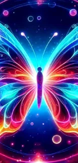 Vibrant neon butterfly artwork with colorful abstract design.