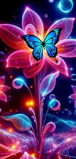 Neon butterfly on vibrant flower art.