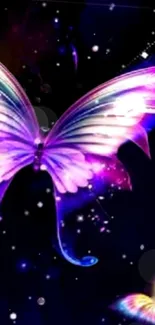 Vibrant neon butterfly with purple hues on a dark background.