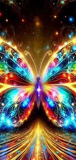 Vibrant neon butterfly showing glowing colors on a mobile wallpaper.