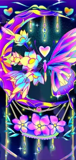 Vibrant neon butterfly and floral wallpaper with glowing artistic details.