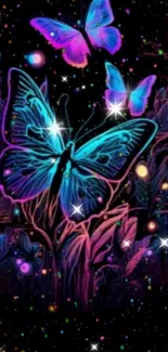 Vibrant neon butterflies against a starry black background, creating a fantasy art scene.