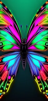 Vibrant neon butterfly with colorful wings on wallpaper.