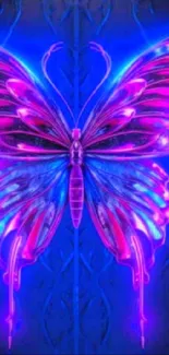 Neon butterfly with vibrant pink and blue wings.