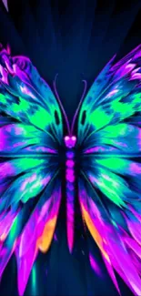 Vibrant neon butterfly wallpaper with purple, blue, and green hues.