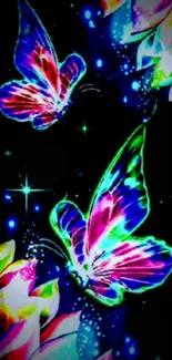 Colorful neon butterflies with a dark background.