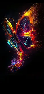 Vibrant neon butterfly with glowing wings on a dark background.