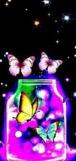 Neon butterflies flying from a glowing jar in a vibrant purple background.