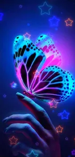 A neon butterfly glowing vividly on a dark background.