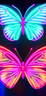 Vibrant neon butterflies with glowing wings on a dark background.