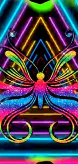 Vibrant neon butterfly wallpaper with geometric background.