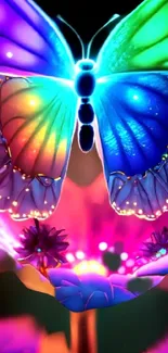 Colorful neon butterfly illuminating a vibrant flower.