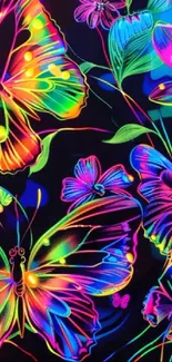 Vibrant neon butterflies and flowers on a black background.