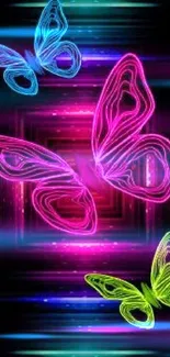 Neon butterflies glowing in blue, pink, and green on a dark background.