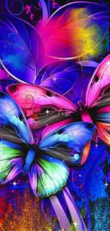 Colorful neon butterflies with vibrant hues on a fantasy-themed wallpaper.