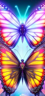 Neon butterflies in vibrant colors flutter elegantly in intricate digital art.