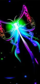 Neon butterfly artwork with vibrant colors on a black background.