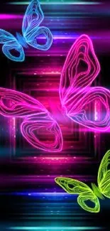 Neon butterflies in vibrant colors on a dark background, perfect for phone wallpaper.