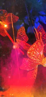 Neon butterflies glowing in cosmic abstract art.