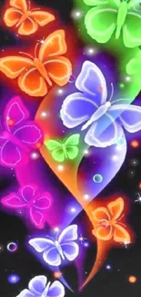 Vibrant neon butterflies glowing in the dark, creating colorful art for mobile screen.