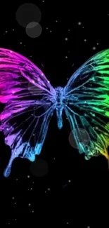 Neon butterfly with rainbow colors on a black background.