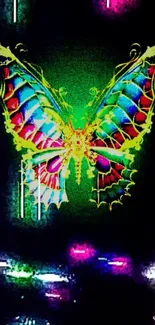 Neon butterfly art with vibrant colors on a dark background.