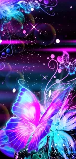 Vibrant neon butterfly wallpaper with glowing colors and intricate patterns.