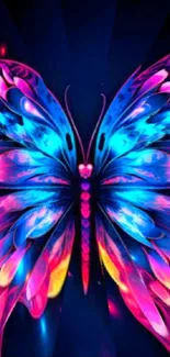 Neon butterfly with vibrant, glowing wings in blue, pink, and purple hues.