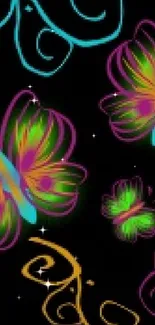 Vibrant neon butterfly wallpaper with colorful artistic swirls.