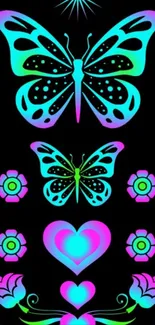 Vibrant neon butterfly design with flowers and hearts.
