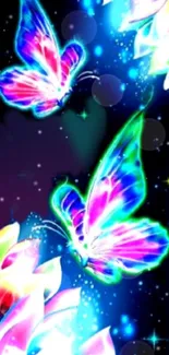 Colorful neon butterflies with flowers on vibrant mobile wallpaper.