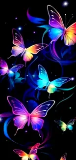 Neon butterflies with vibrant colors on black background.