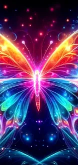 A vibrant neon butterfly in glowing colors on a dark background.