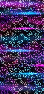 Vibrant neon butterfly pattern on a dark background with glowing colors.