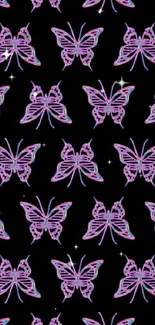 Neon pink butterflies on a black background wallpaper.