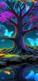 Neon tree with colorful butterflies in vibrant night scene.