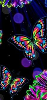 Neon butterflies and flowers glowing on a dark background.