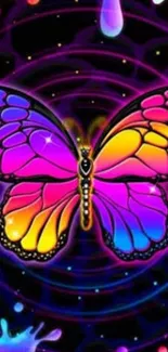 Neon butterfly with vibrant colors and psychedelic style.