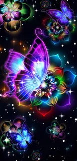 Vibrant neon butterfly and floral mobile wallpaper.