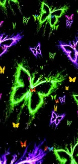 Dark wallpaper with glowing neon butterflies, adding a vibrant pop of color.