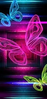 Neon butterfly wallpaper with blue, pink, and green hues on a dark background.